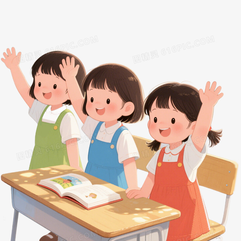 插画风学生上课举手多人免抠元素