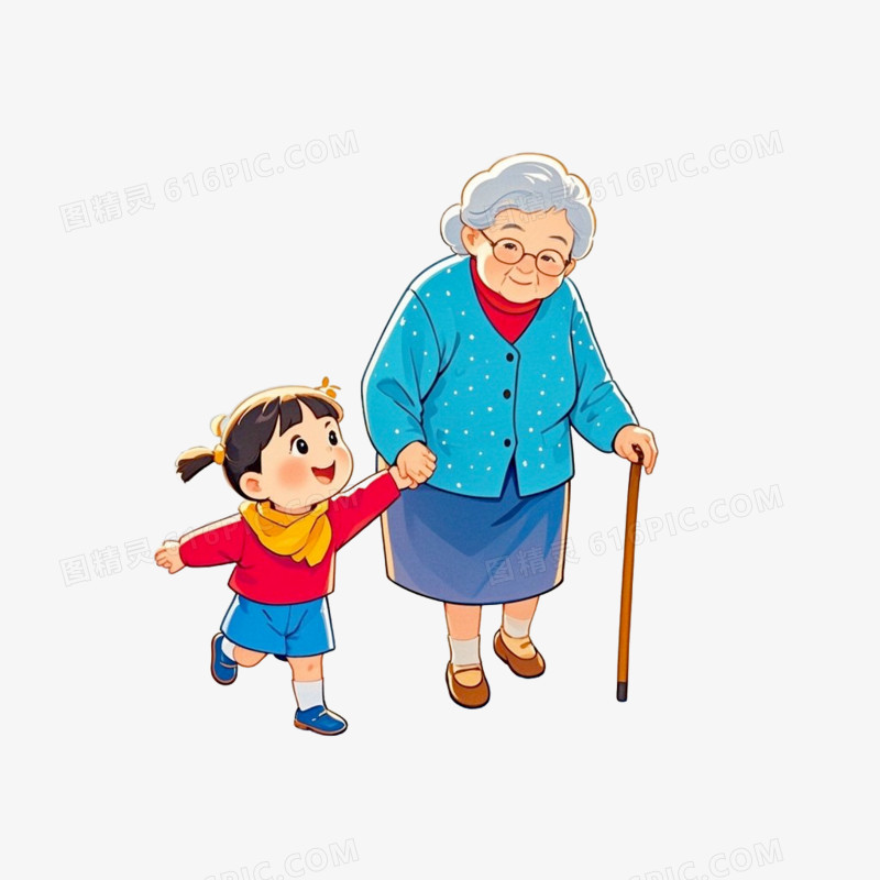 插画风扶老奶奶过马路免抠元素