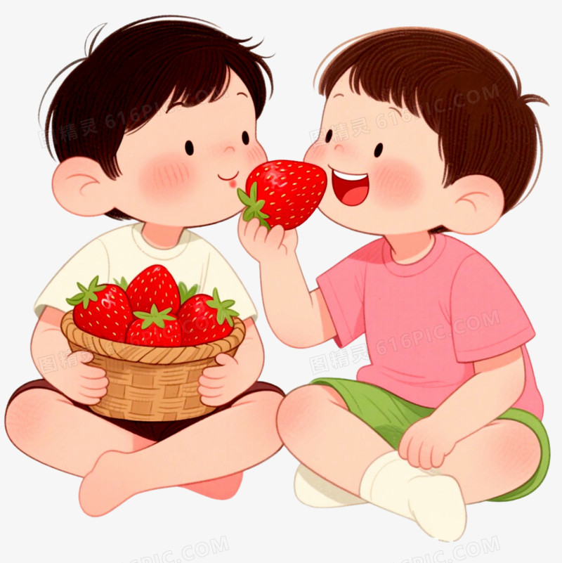 插画风吃水果吃草莓免抠元素