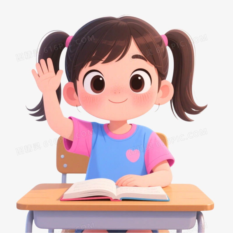 插画风格单个学生举手发言免抠元素