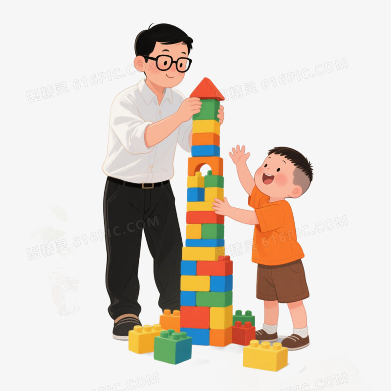 插画风父亲和孩子互动搭积木免抠元素