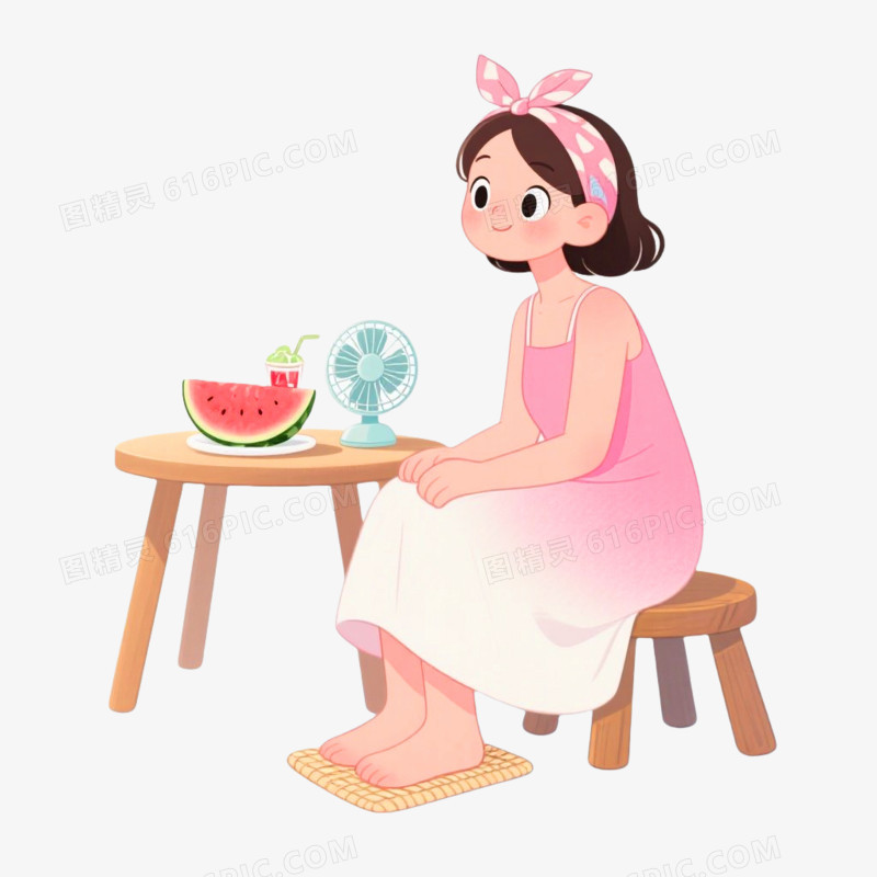 插画风格一个男孩消暑免抠元素