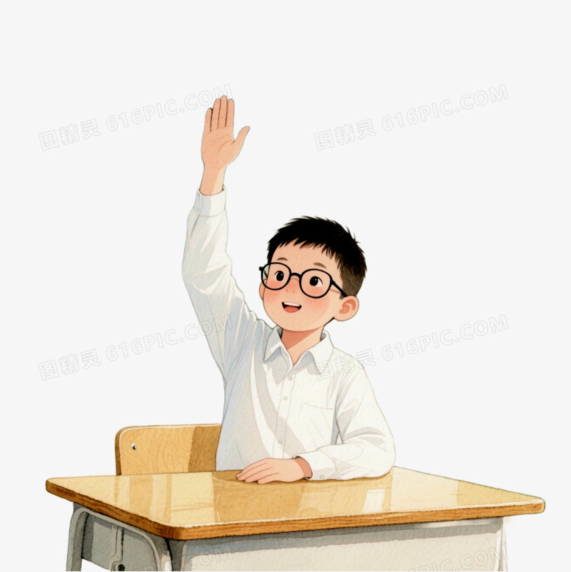 插画风学生上课举手免抠元素