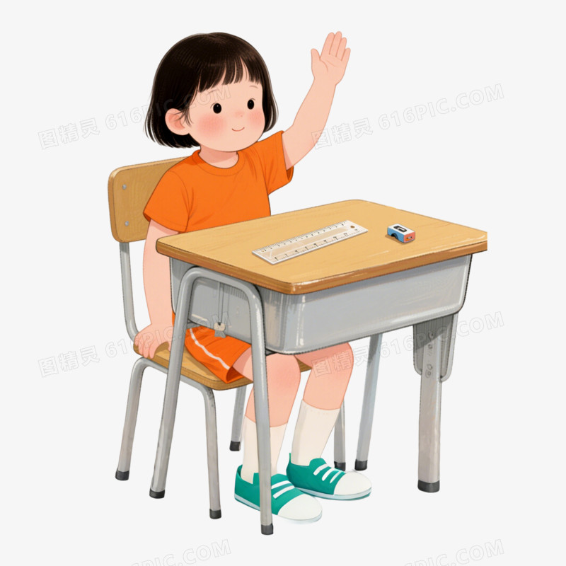 插画风学生上课举手一人免抠元素