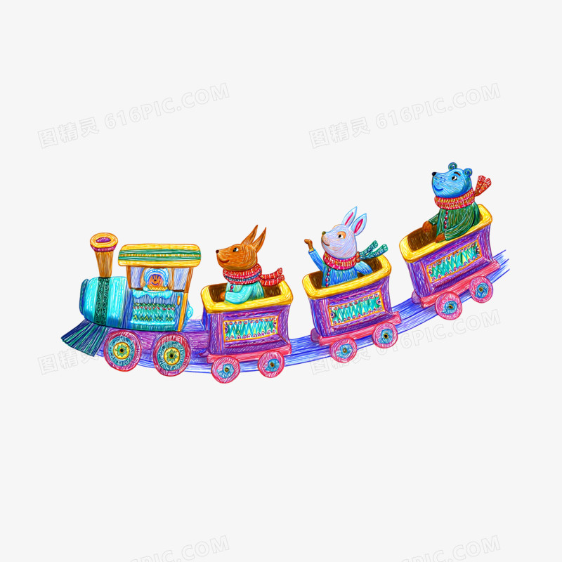 插画风动物乘坐多彩小火车免抠元素