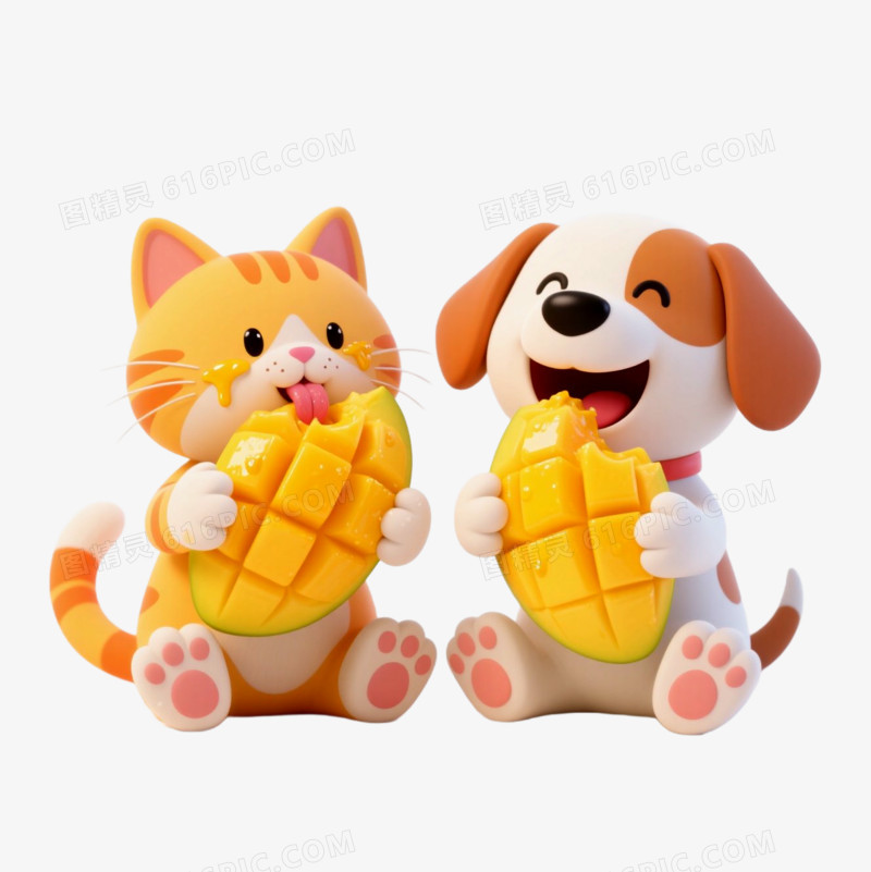 3D风吃水果小狗小猫吃芒果免抠元素