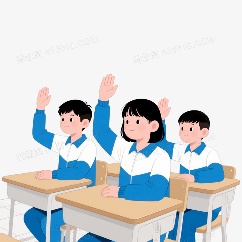 插画风学生上课举手多人免抠元素