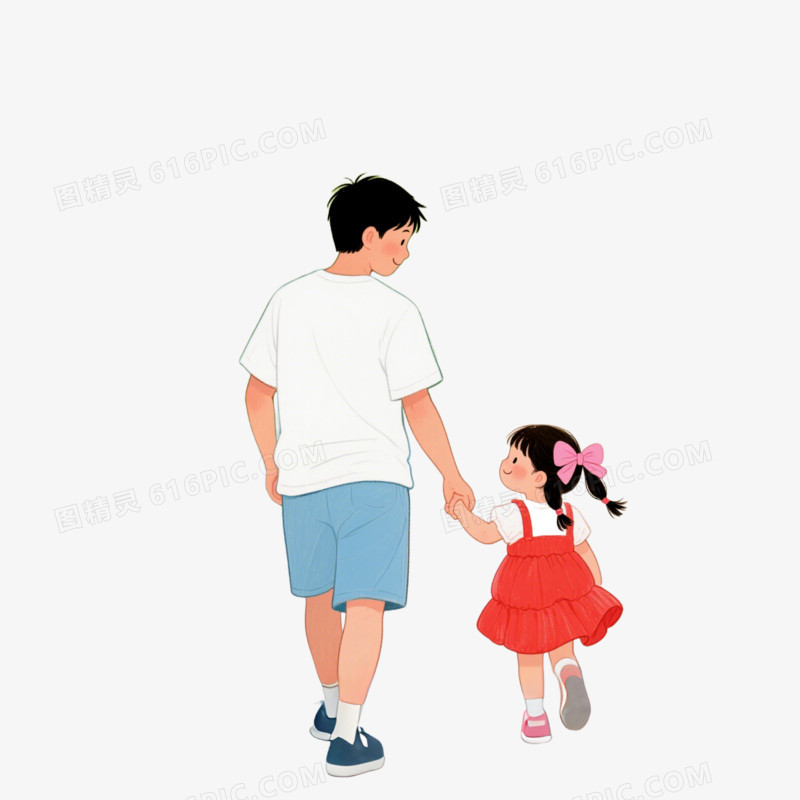 插画风父亲手拉女儿背影免抠元素
