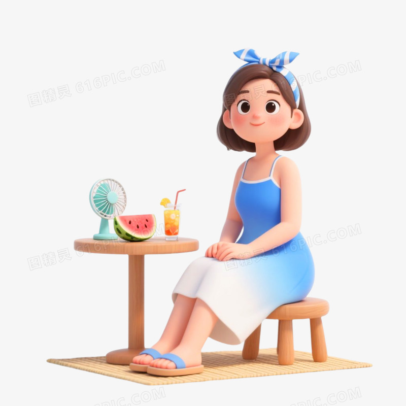 C4D插画风格女生消暑免抠元素