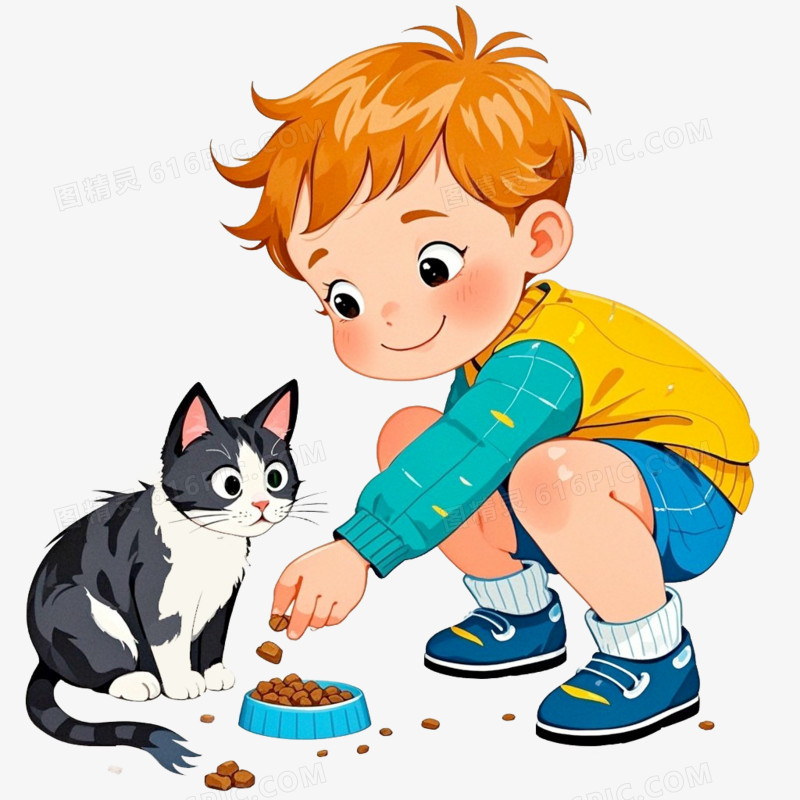 插画风给小猫喂食免抠元素