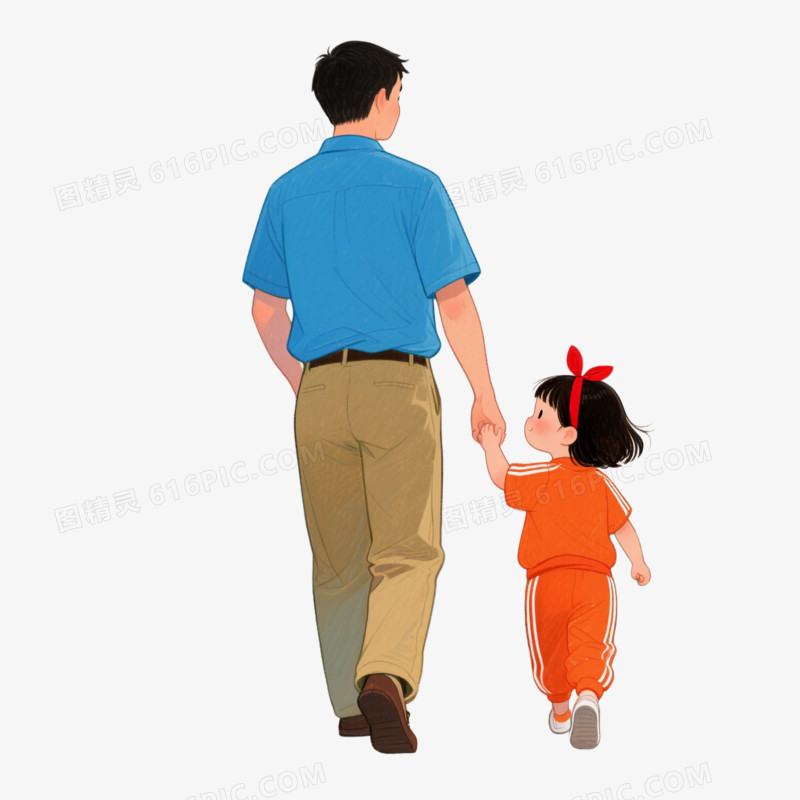 插画风父亲手拉女儿背影免抠元素