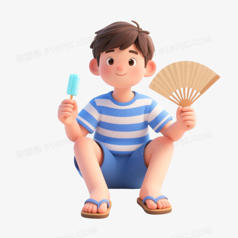 C4D插画风格一个男孩消暑免抠元素