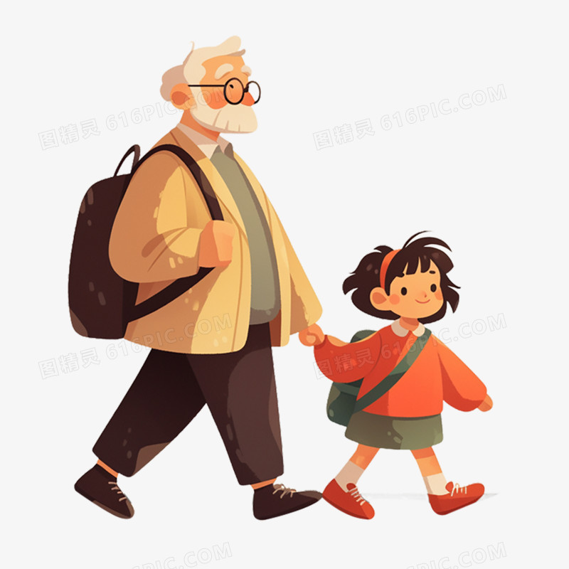 卡通插画风小朋友帮助老人过马路免抠元素