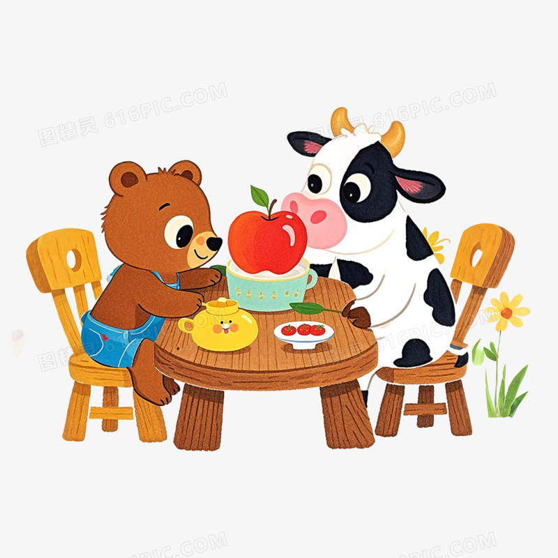 卡通插画风动物吃水果免抠元素