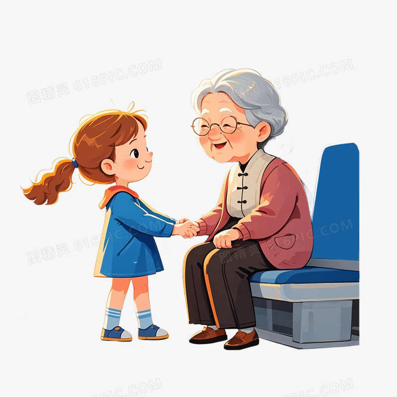 卡通插画风小朋友给老人让座免抠元素