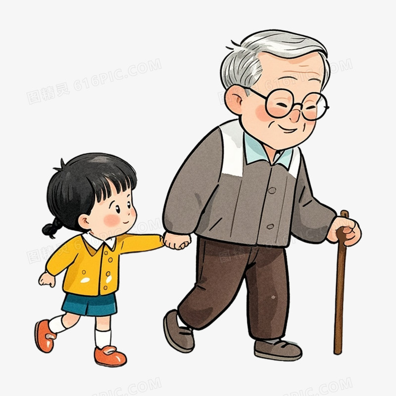 卡通插画风小朋友帮助老人过马路免抠元素