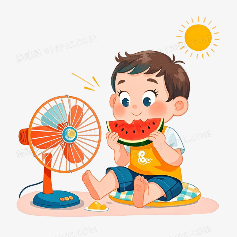卡通插画风炎日降暑小朋友吹风扇免抠元素