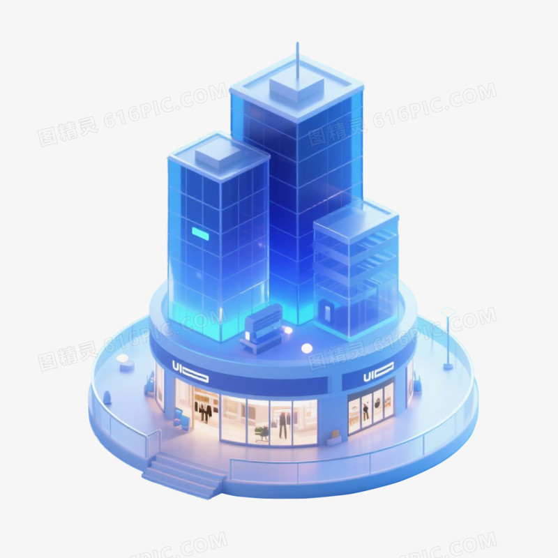 蓝色渐变3D立体风磨砂玻璃建筑模型免抠元素