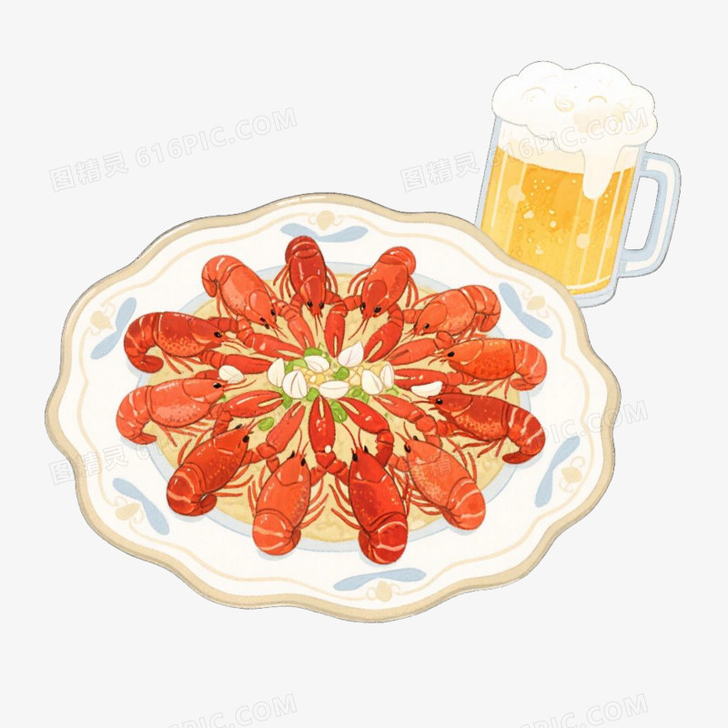 卡通插画风夏日美食烧烤啤酒小龙虾夏日美味免抠元素
