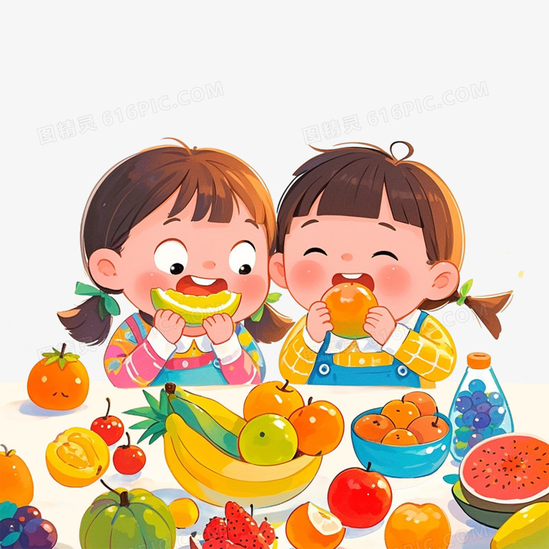 卡通插画风小朋友吃水果免抠元素