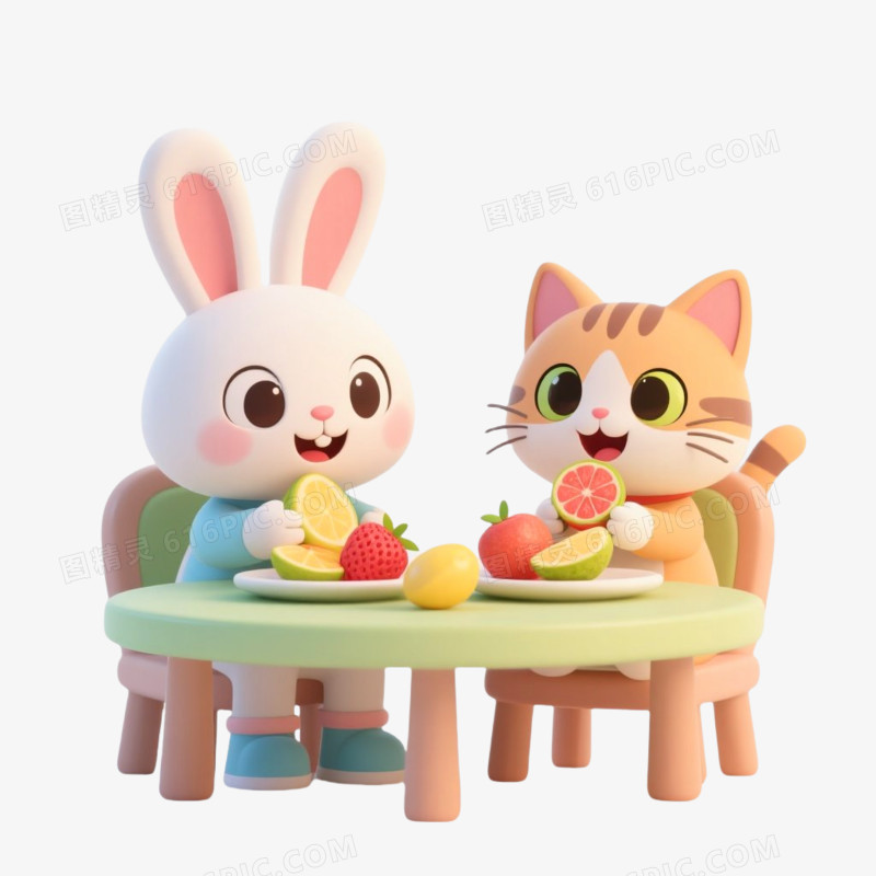 3D插画风格拟人化动物吃水果免抠元素