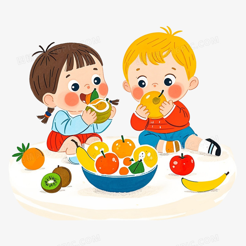 卡通插画风小朋友吃水果免抠元素