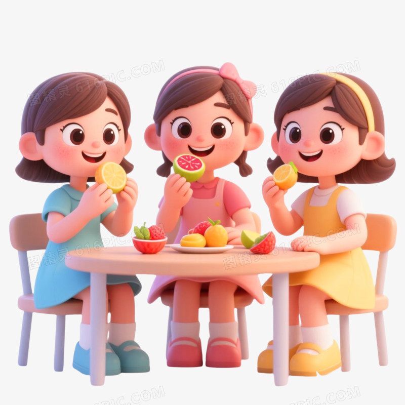 3D插画风格人物吃水果免抠元素