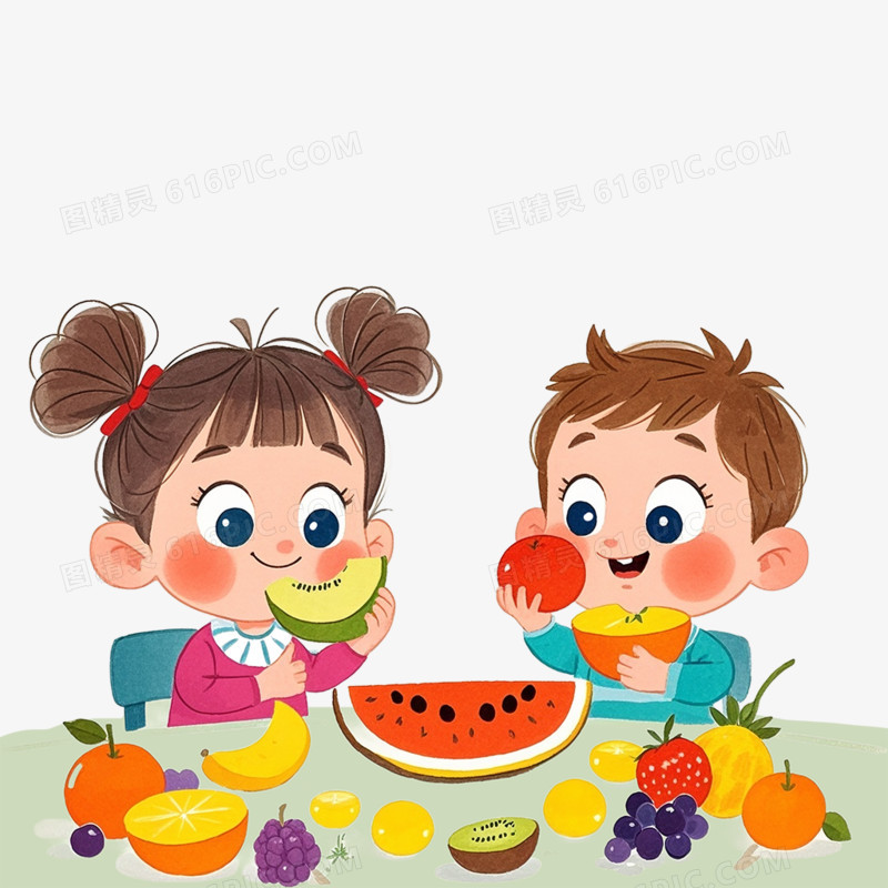 卡通插画风小朋友吃水果免抠元素