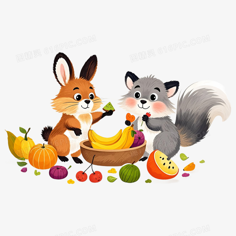 卡通插画风动物吃水果免抠元素