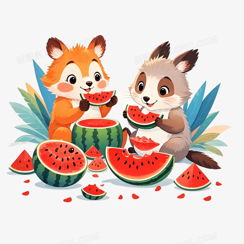 卡通插画风动物吃水果免抠元素