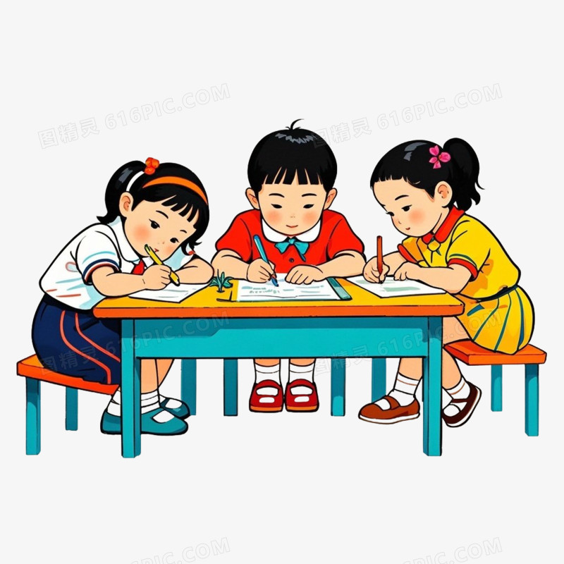 卡通小学生做作业讨论免抠元素