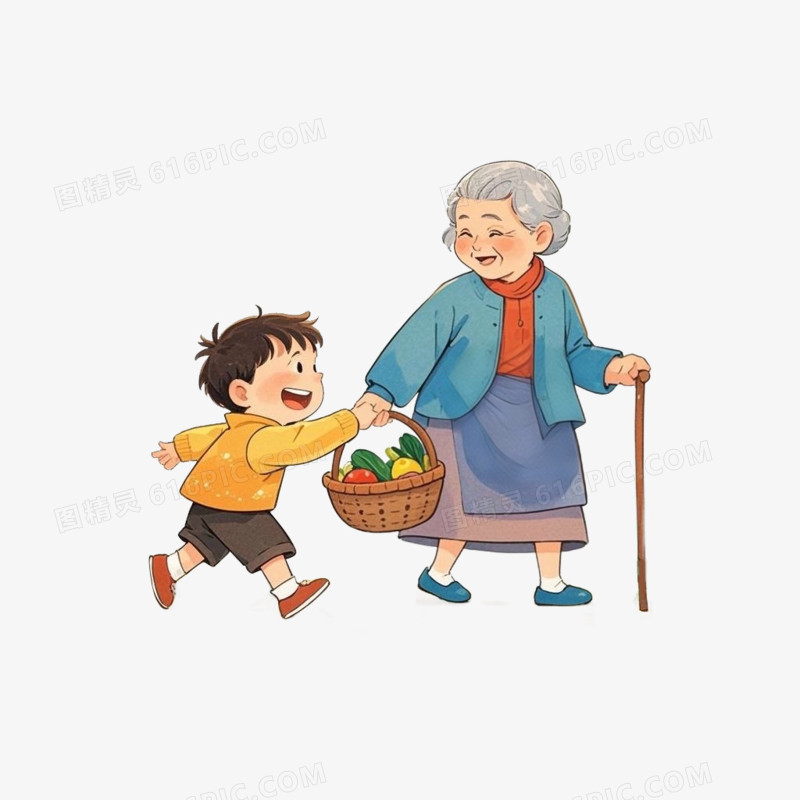 小男孩帮老奶奶提篮子好人好事卡通插画免抠元素