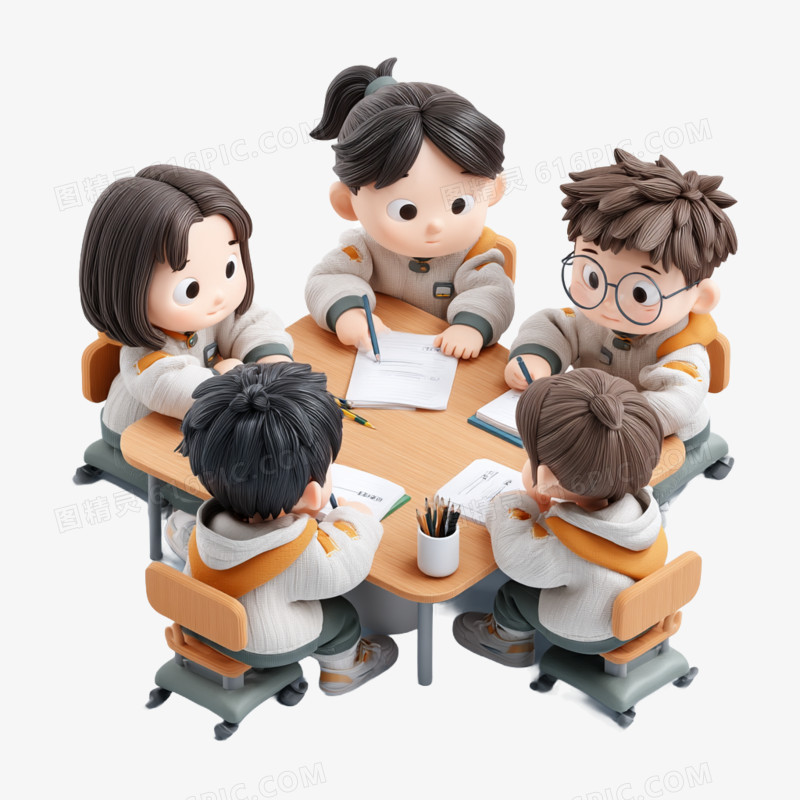 3D卡通几个小学生围成一桌在讨论免抠元素