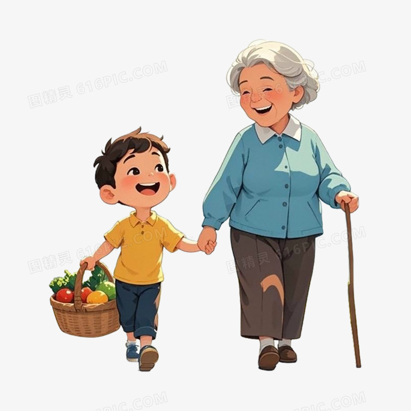 小男孩帮老奶奶提篮子好人好事卡通插画免抠元素