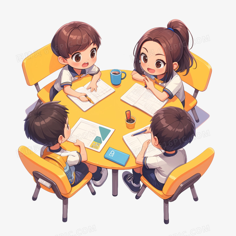 卡通四个穿着校服的小学生在讨论免抠元素