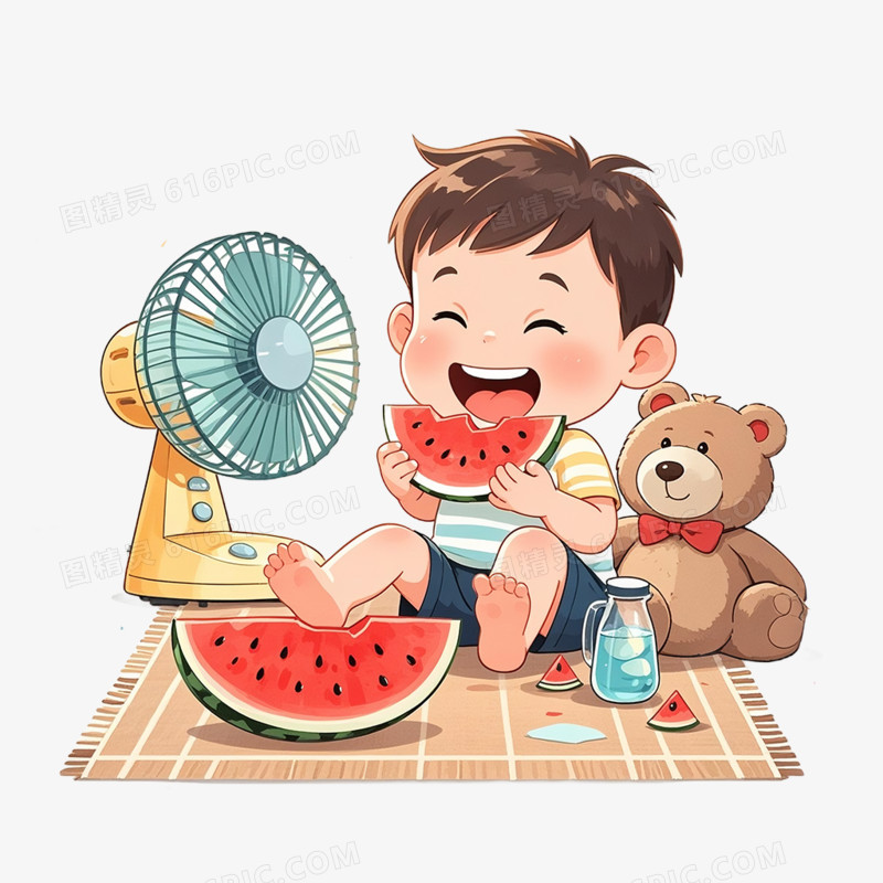 卡通插画风炎炎夏日小孩子吃雪糕吹风扇降温免抠元素