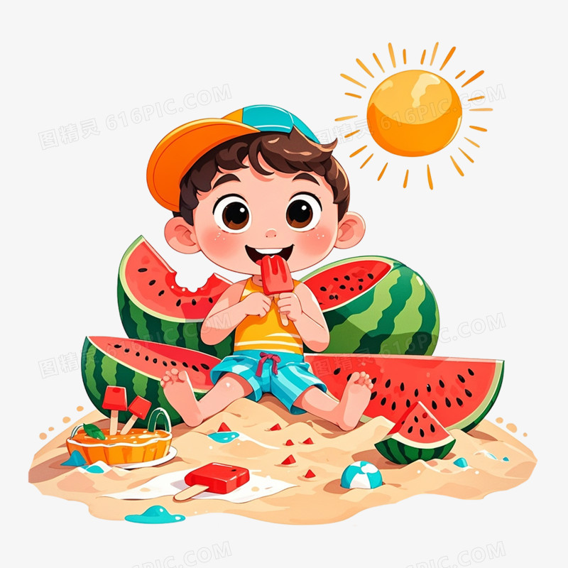 卡通插画风炎炎夏日小朋友吃雪糕降温免抠元素