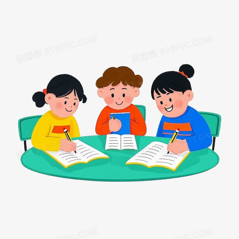 卡通小学生做作业讨论免抠元素