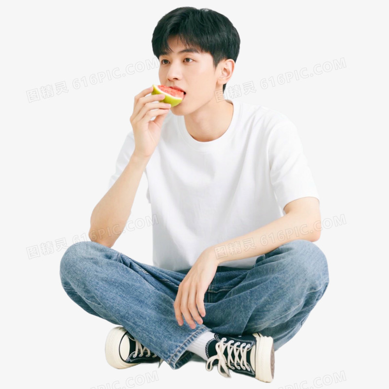 帅气男生吃水果免抠元素