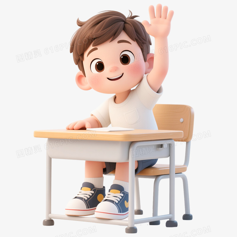 3D立体小朋友上课举手免抠元素