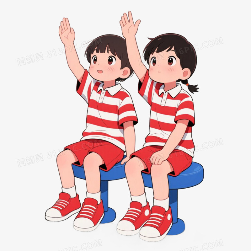 卡通插画风学生上课举手回答问题免抠元素