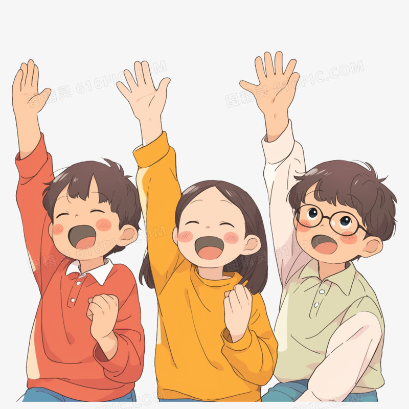 学生多人举手免抠元素