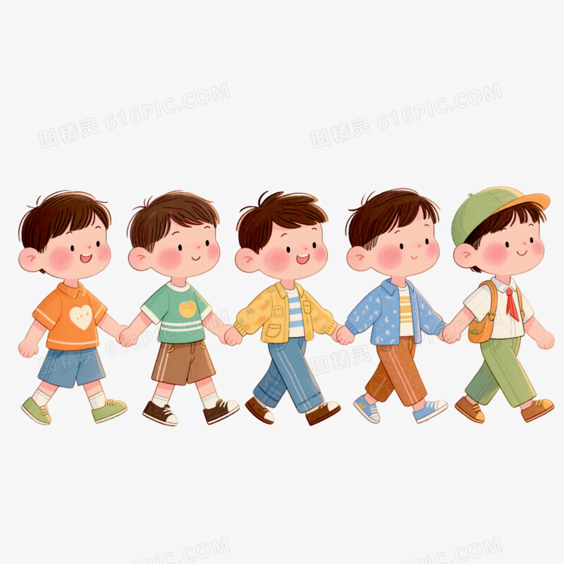 插画风一排小朋友手拉手免抠元素