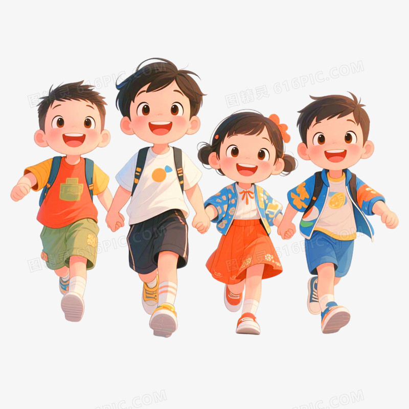 卡通手绘小朋友手拉手并排免抠元素