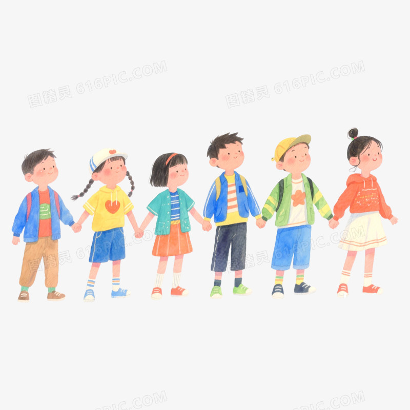 卡通手绘小朋友手拉手并排免抠元素