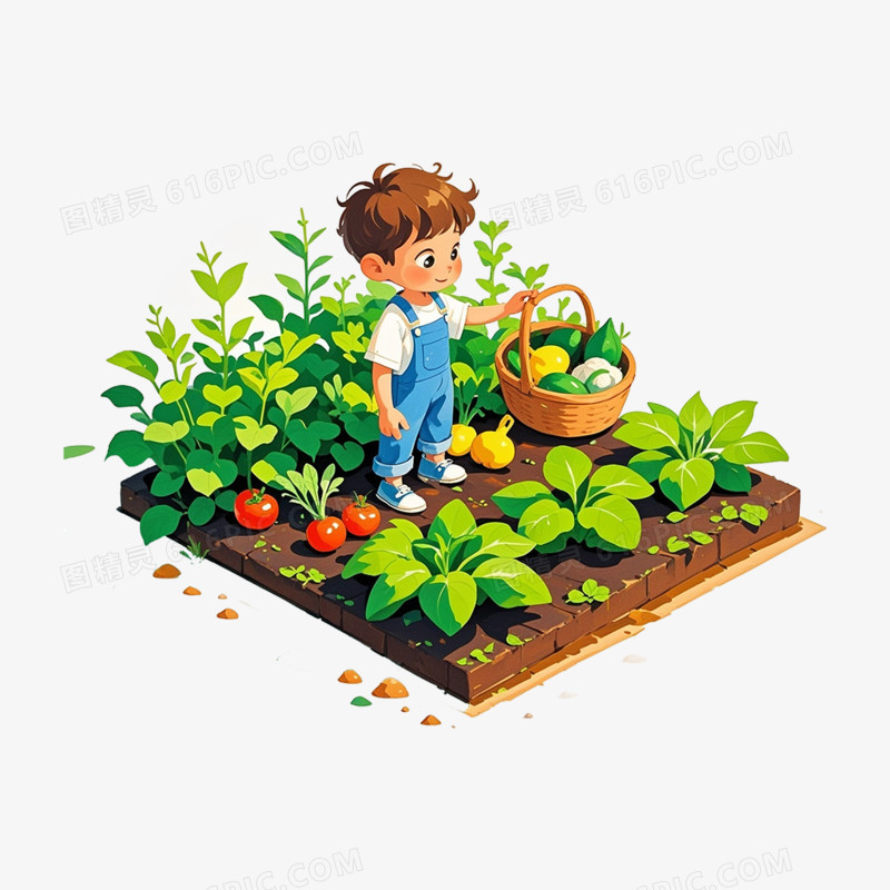 卡通插画人物与 蔬菜园子免抠元素