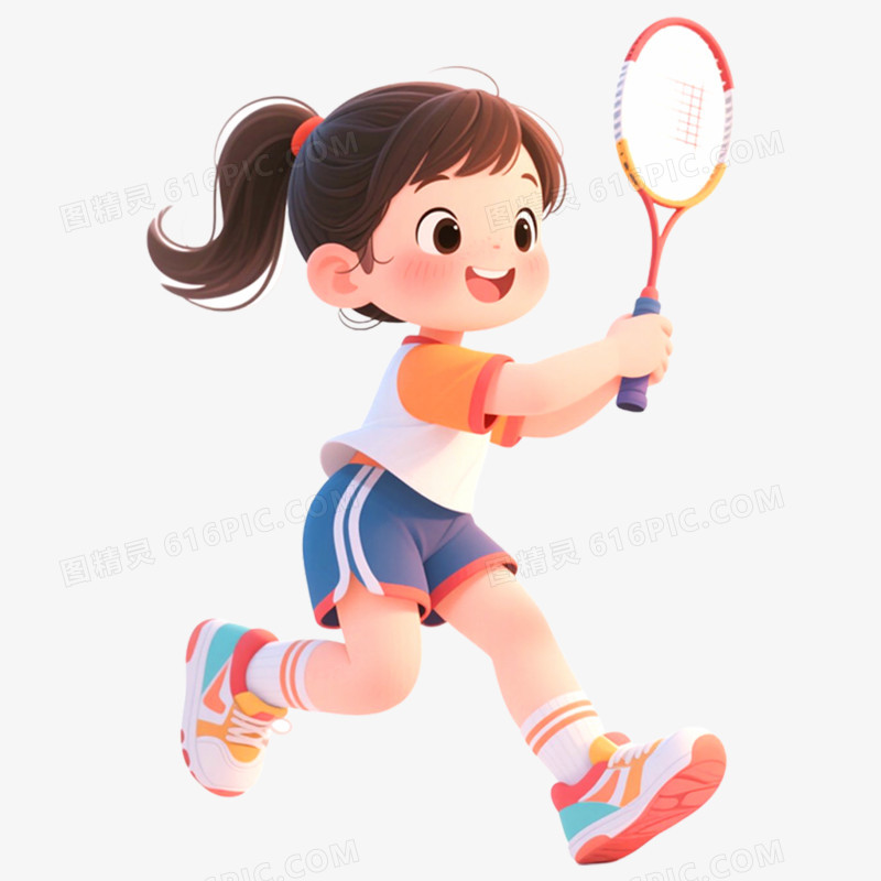 手绘插画学生运动会打网球免抠元素
