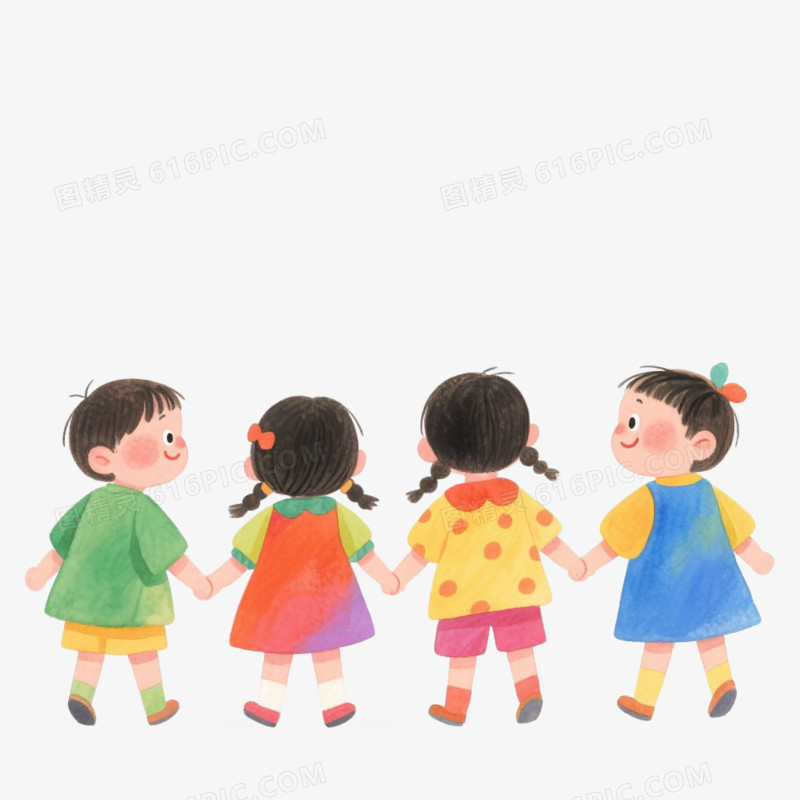 卡通插画风小朋友手拉手玩耍免抠元素
