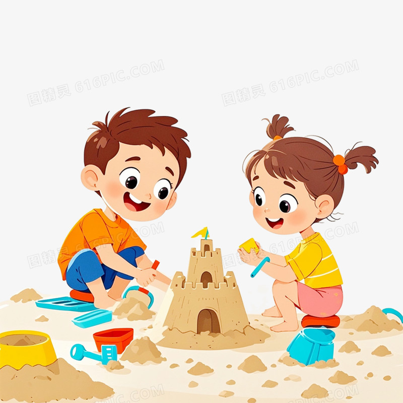 卡通手绘 夏日小孩子玩沙子免抠元素
