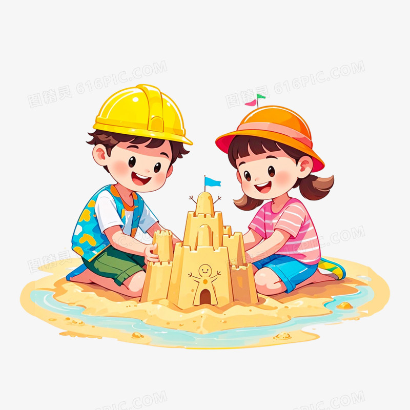 卡通手绘 夏日小孩子玩沙子免抠元素